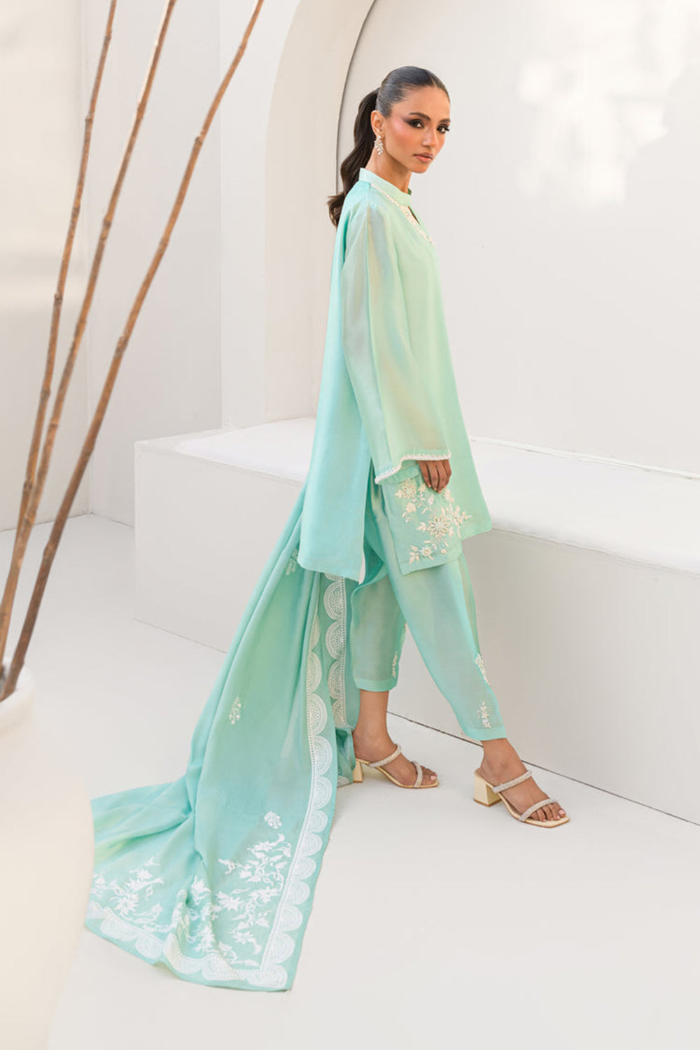 Khushboo & Pankaj Women Aqua Blue Embroidered Silk Suit Set with Tulip Pants