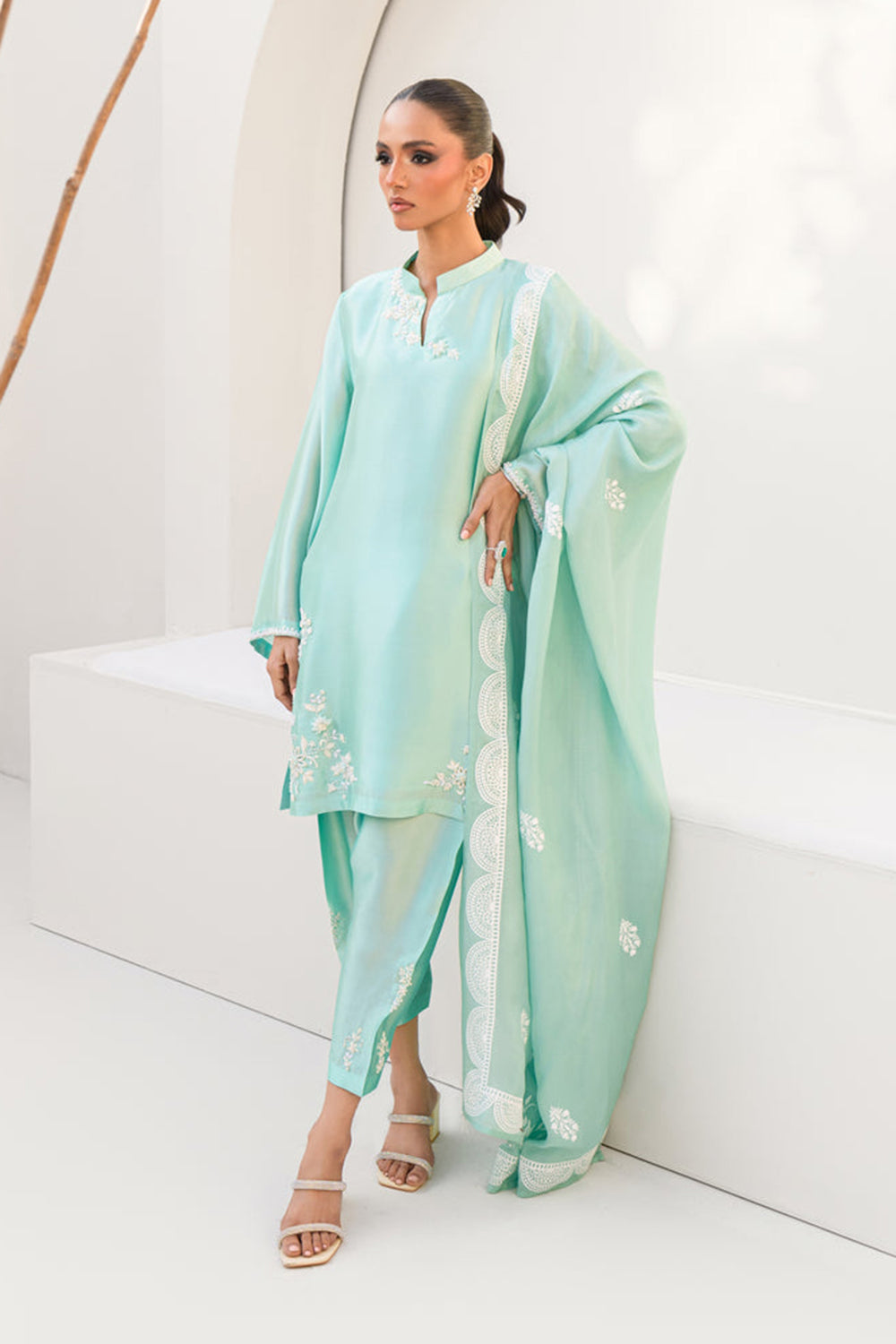 Khushboo & Pankaj Women Aqua Blue Embroidered Silk Suit Set with Tulip Pants