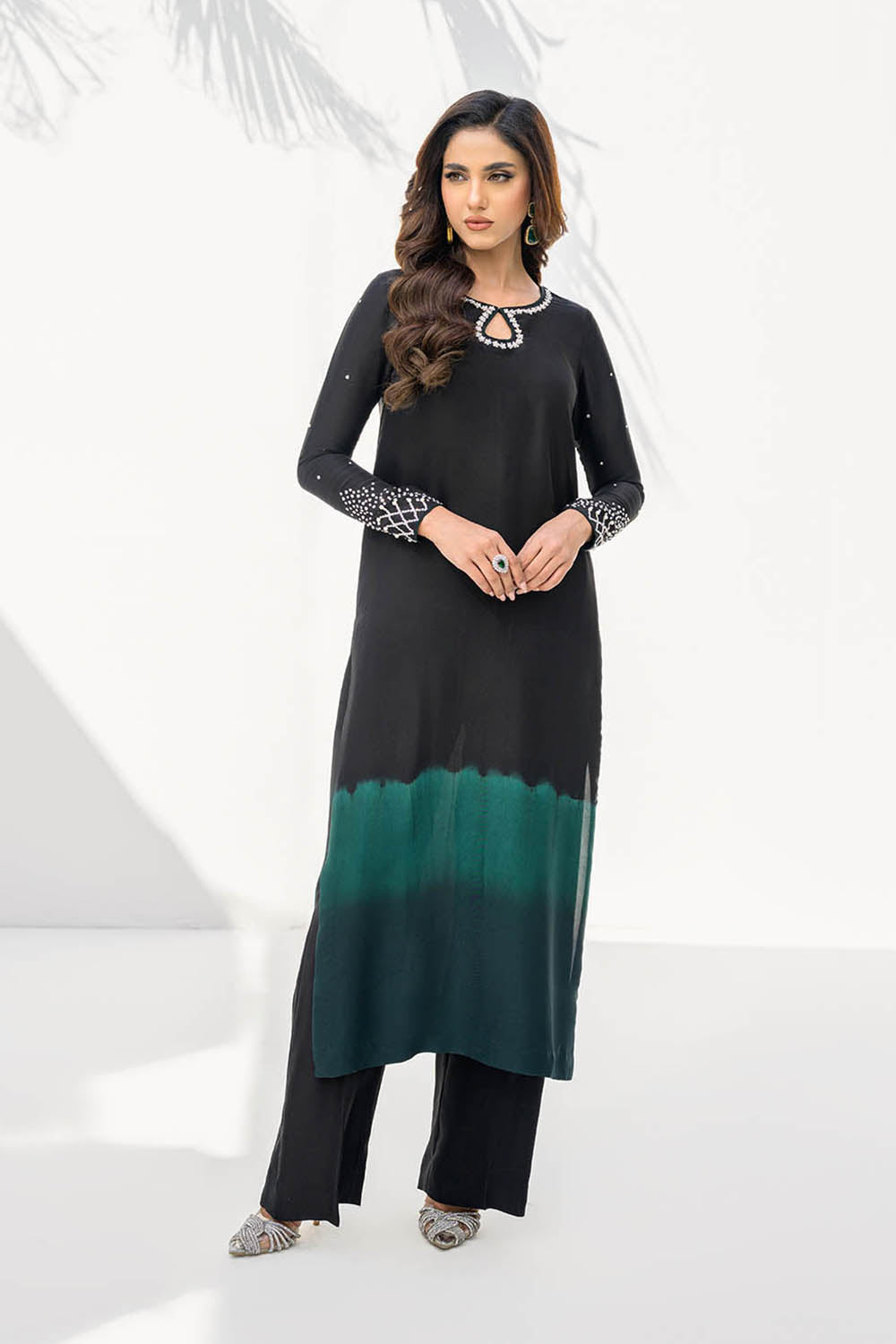 Khushboo & Pankaj Women Black Green Shaded Embroidered Suit Set
