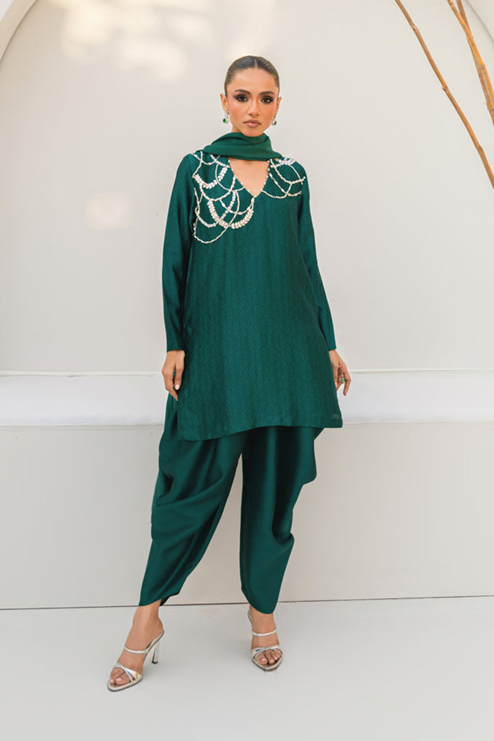 Khushboo & Pankaj Women Emerald Green Embroidered Silk Suit Set with Tulip Pants