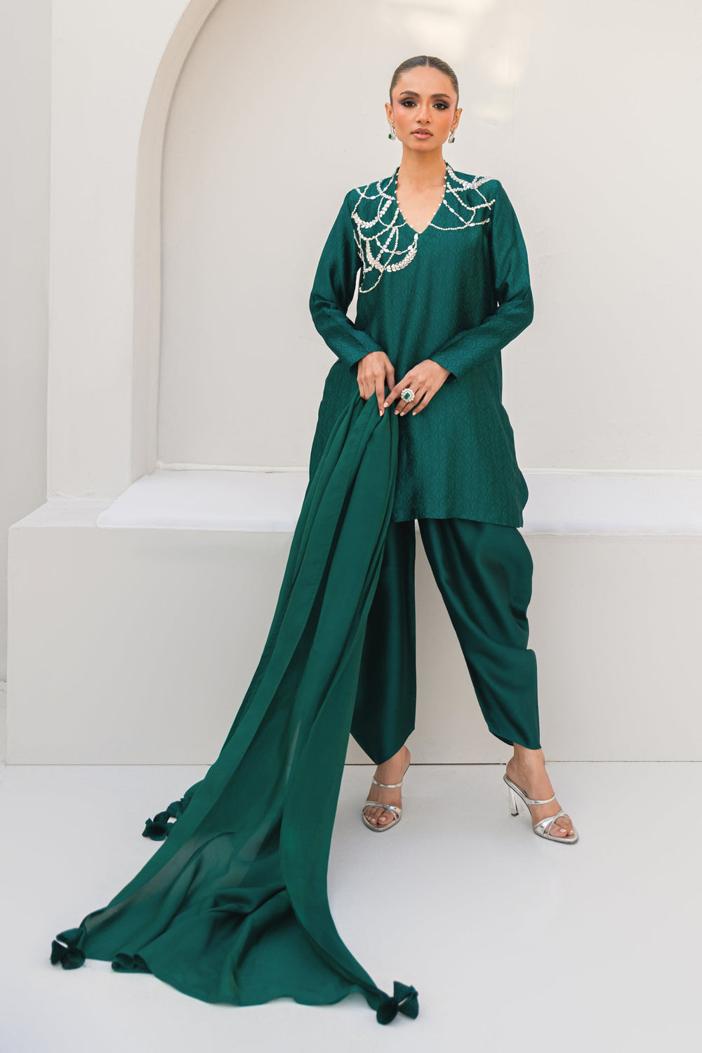 Khushboo & Pankaj Women Emerald Green Embroidered Silk Suit Set with Tulip Pants