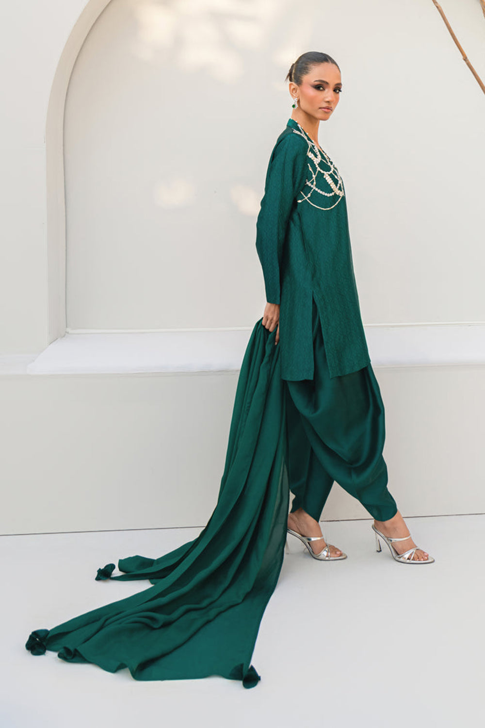 Khushboo & Pankaj Women Emerald Green Embroidered Silk Suit Set with Tulip Pants