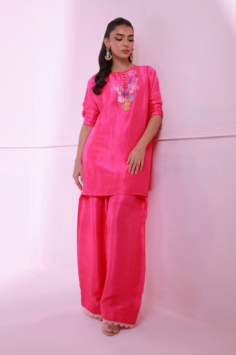 Khushboo & Pankaj Women Hot Pink Embroidered Co-ord Set with Straight Pants