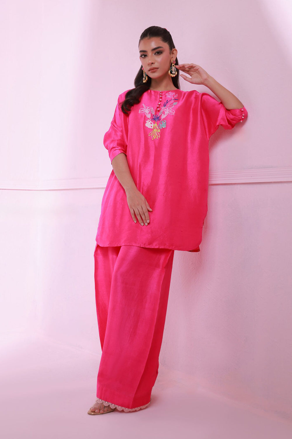 Khushboo & Pankaj Women Hot Pink Embroidered Co-ord Set with Straight Pants