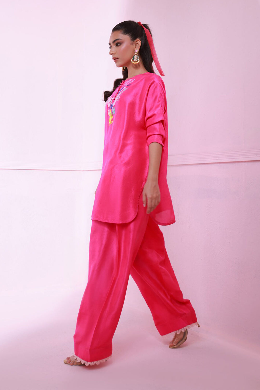 Khushboo & Pankaj Women Hot Pink Embroidered Co-ord Set with Straight Pants