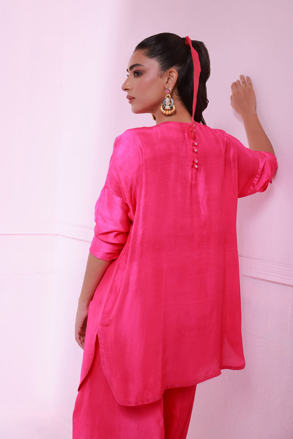 Khushboo & Pankaj Women Hot Pink Embroidered Co-ord Set with Straight Pants