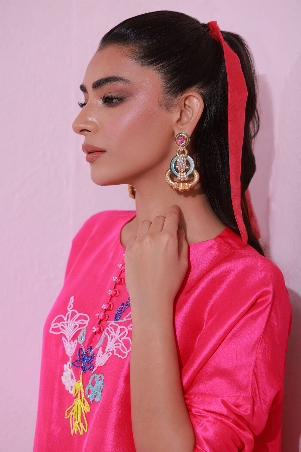 Khushboo & Pankaj Women Hot Pink Embroidered Co-ord Set with Straight Pants