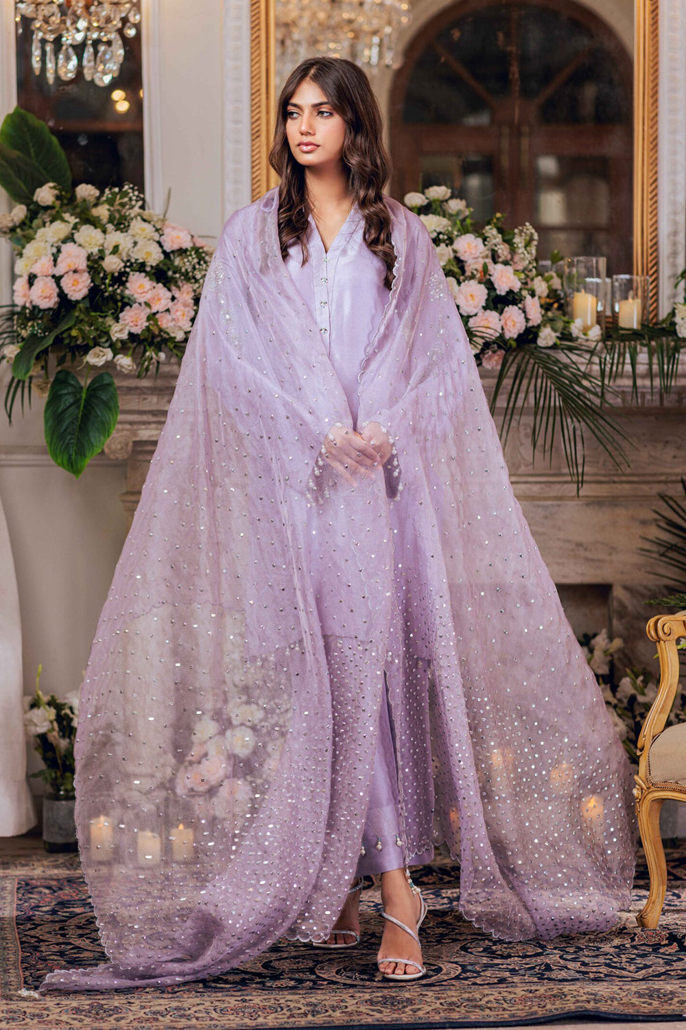 Khushboo & Pankaj Women Lilac Embroidered Silk Suit Set with Organza Dupatta