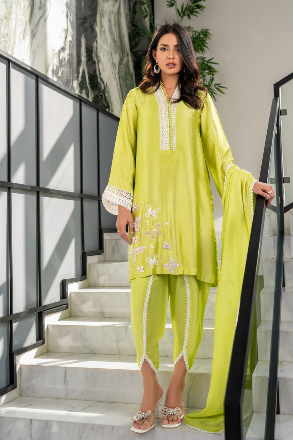 Khushboo & Pankaj Women Lime Green Embroidered Silk Suit Set