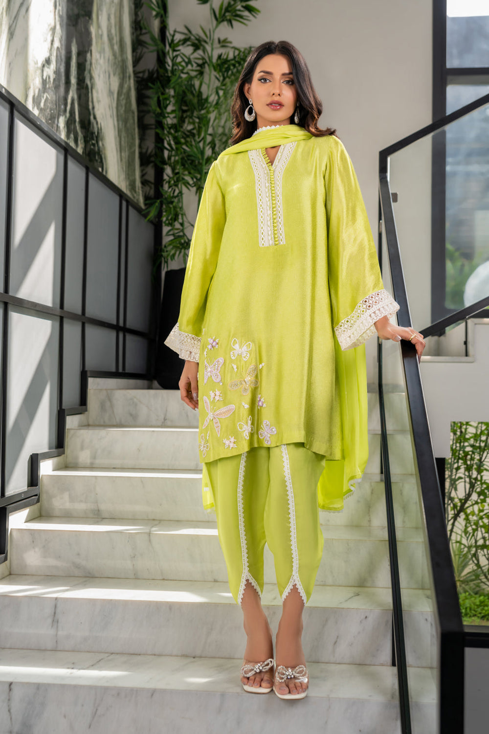 Khushboo & Pankaj Women Lime Green Embroidered Silk Suit Set