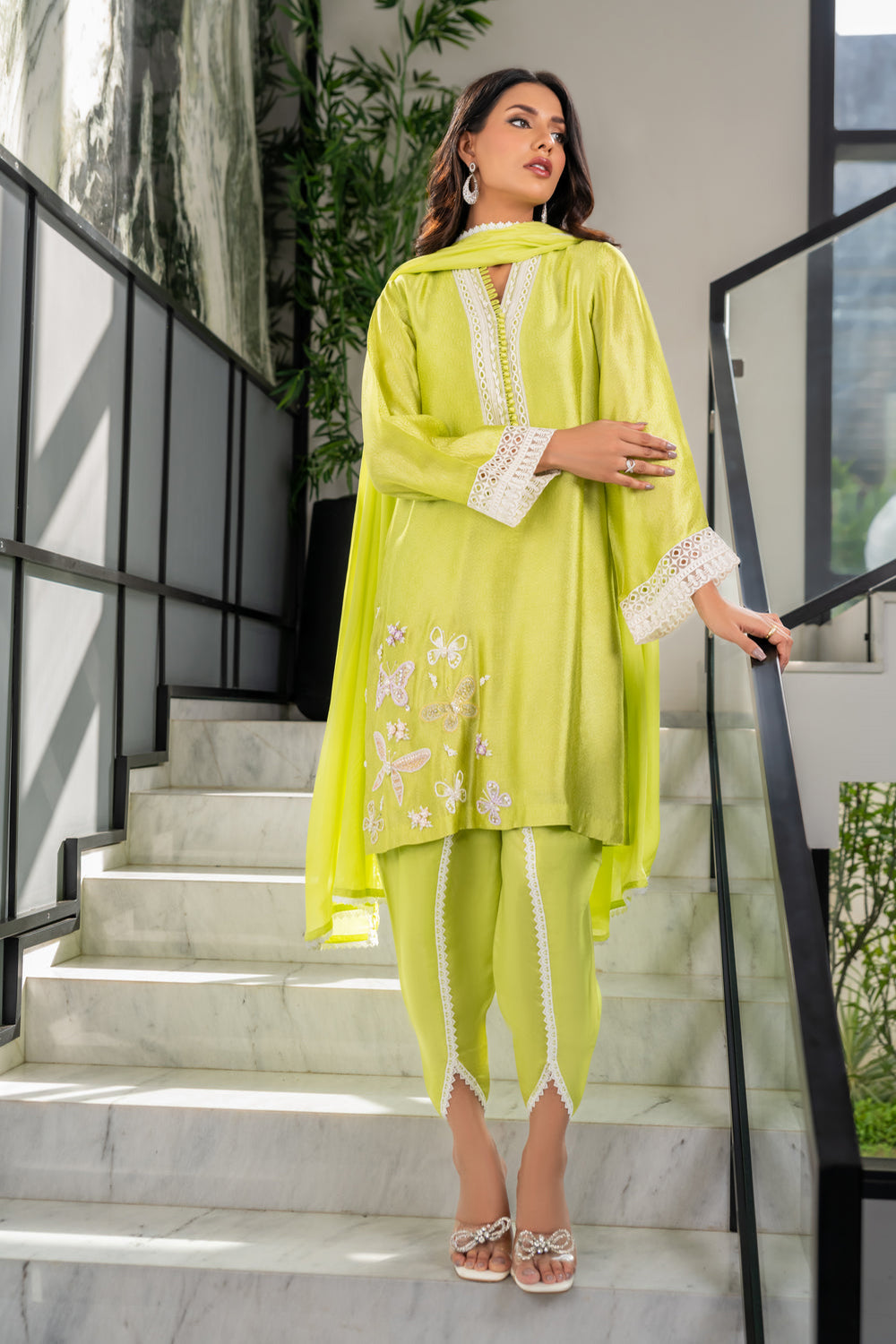 Khushboo & Pankaj Women Lime Green Embroidered Silk Suit Set