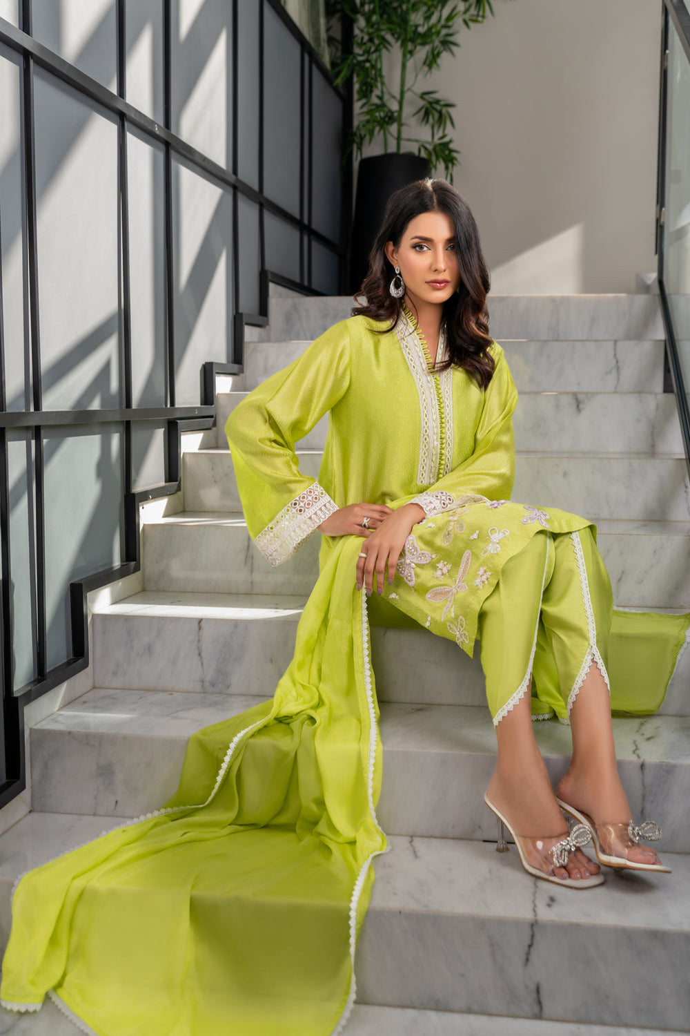 Khushboo & Pankaj Women Lime Green Embroidered Silk Suit Set