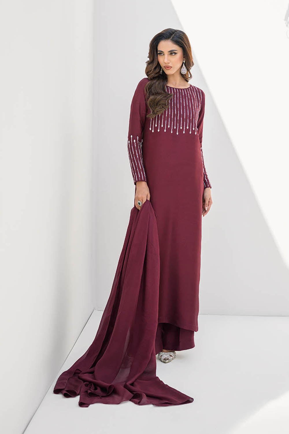 Khushboo & Pankaj Women Maroon Glace Cotton Embroidered Suit Set