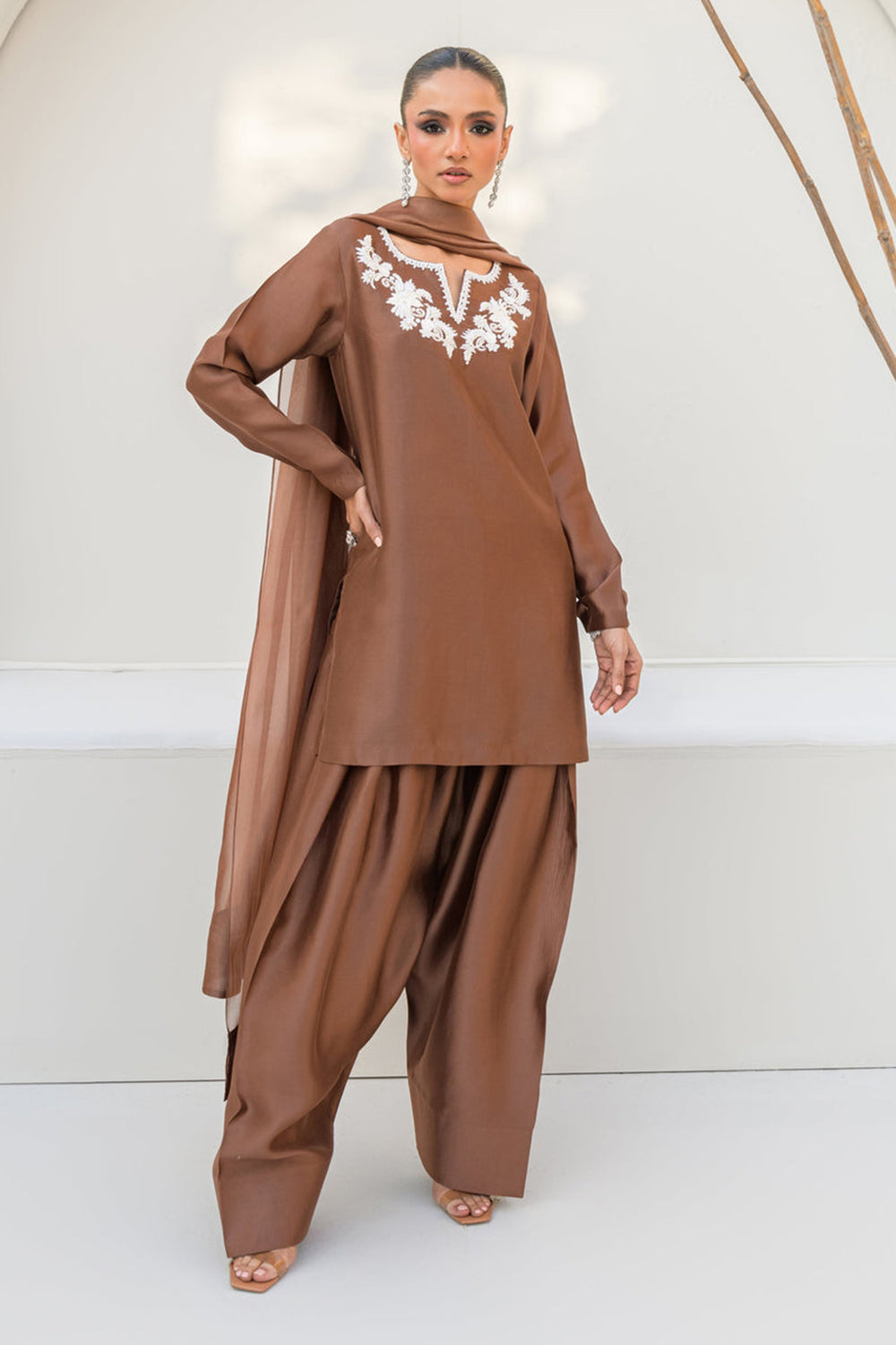 Khushboo & Pankaj Women Mocha Brown Embroidered Silk Suit Set with Farshi Salwar
