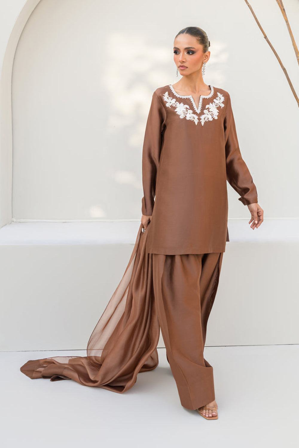 Khushboo & Pankaj Women Mocha Brown Embroidered Silk Suit Set with Farshi Salwar