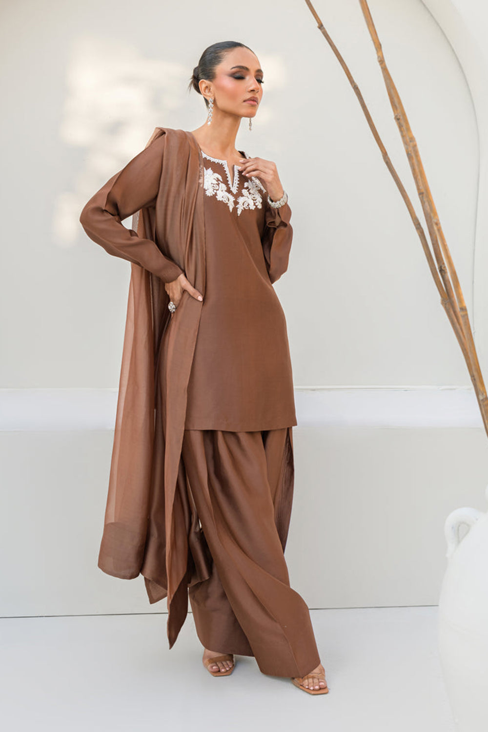 Khushboo & Pankaj Women Mocha Brown Embroidered Silk Suit Set with Farshi Salwar