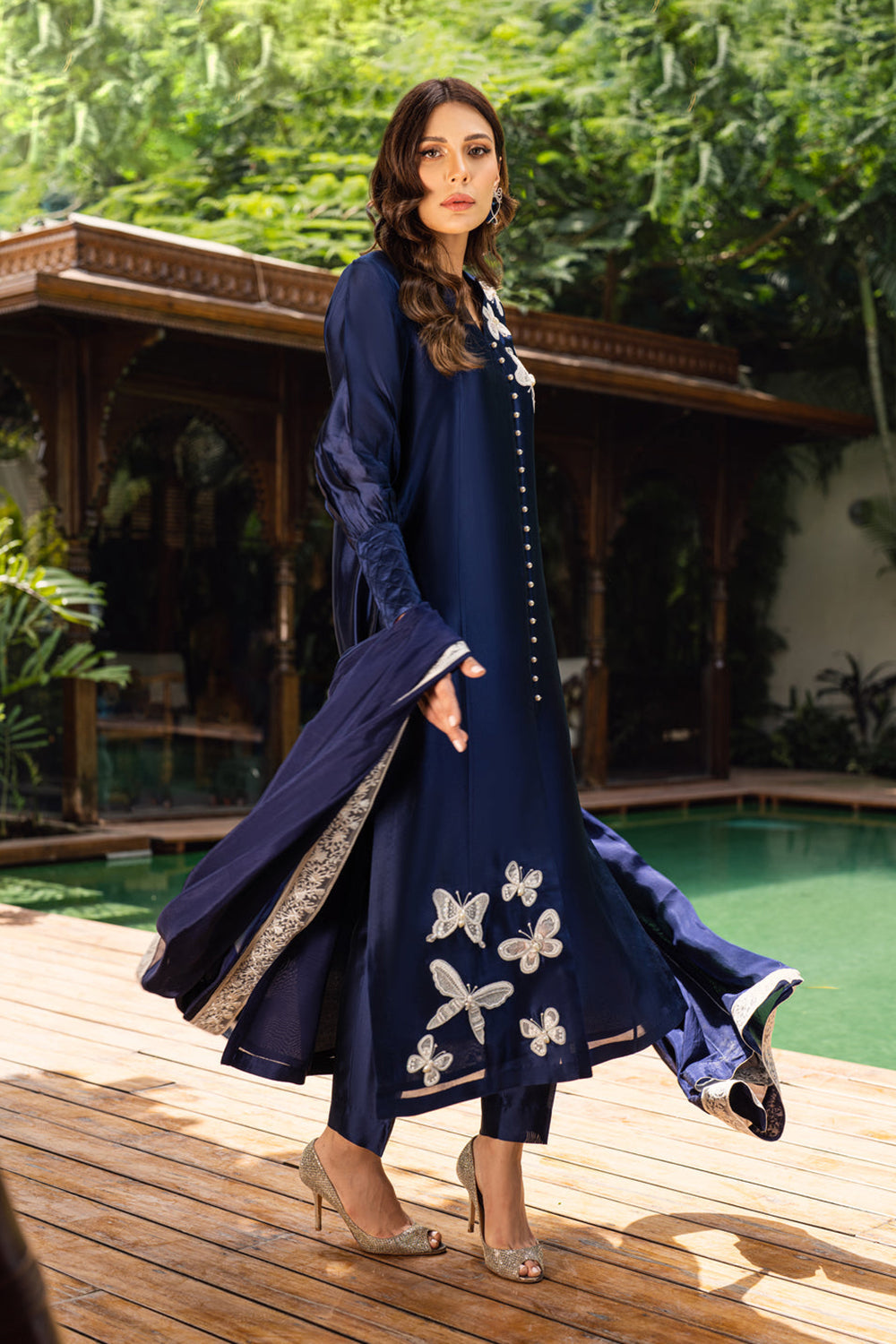 Khushboo & Pankaj Women Navy Blue Embroidered Silk Suit Set