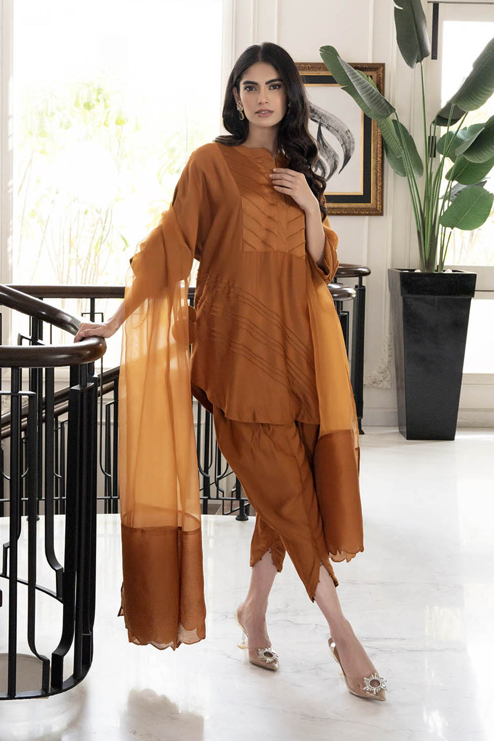 Khushboo & Pankaj Women Rust Brown Glace Cotton/Cotton Silk Suit Set