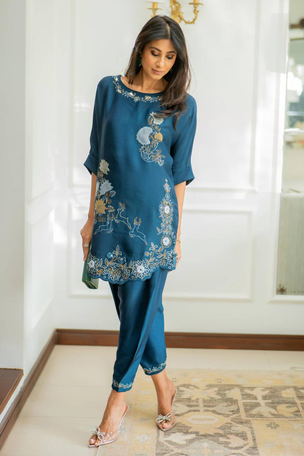 Khushboo & Pankaj Women Teal Blue Embroidered Co-ord Set with Tulip Pants