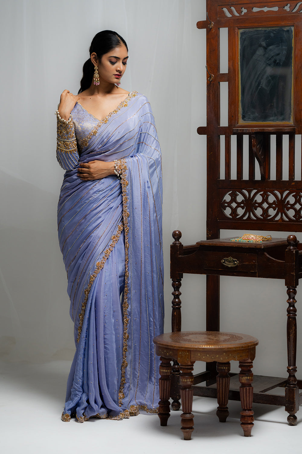 Lavender Blue Chiffon Saree with Full-Sleeve Blouse