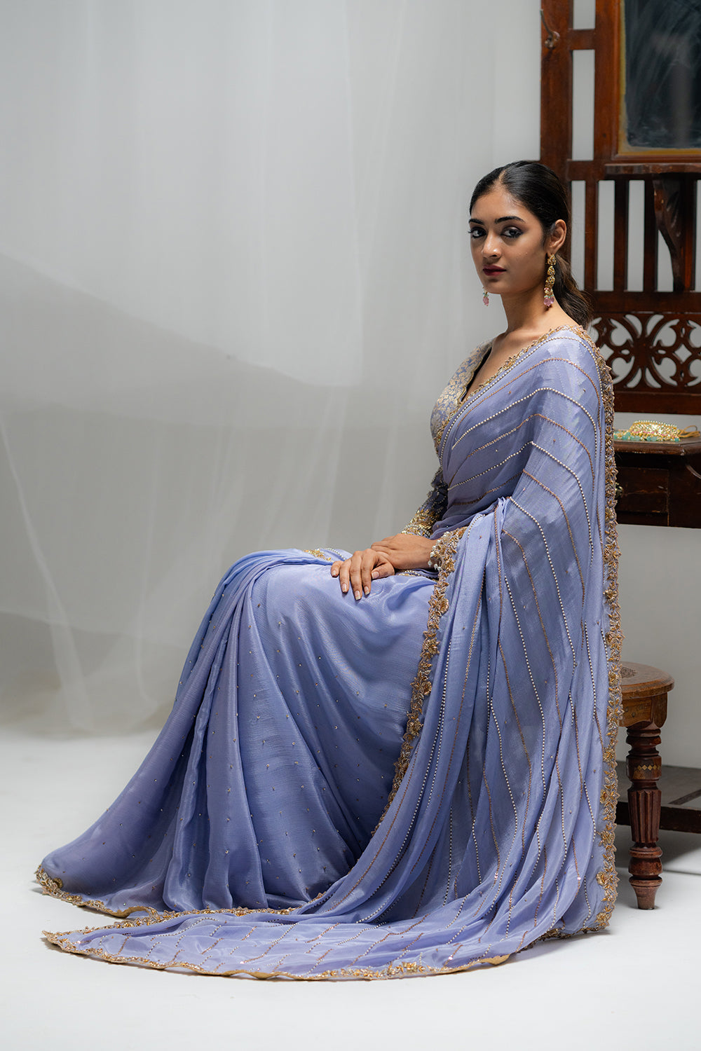 Lavender Blue Chiffon Saree with Full-Sleeve Blouse
