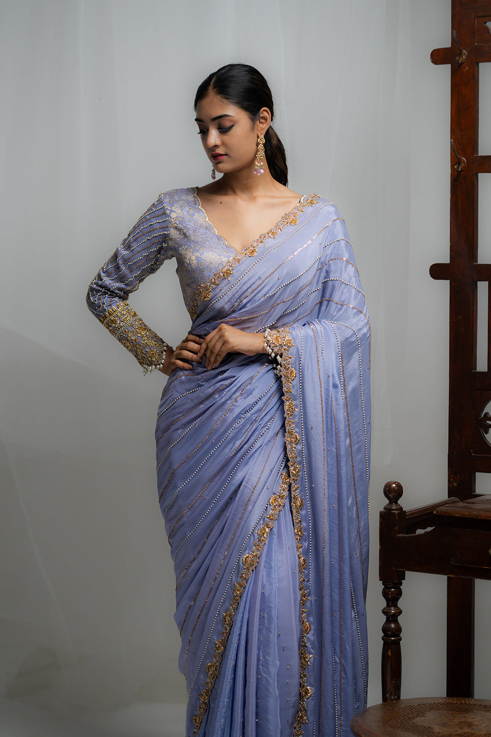 Lavender Blue Chiffon Saree with Full-Sleeve Blouse