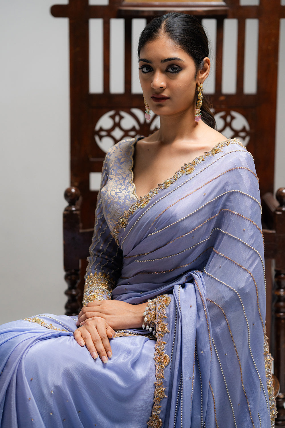 Lavender Blue Chiffon Saree with Full-Sleeve Blouse
