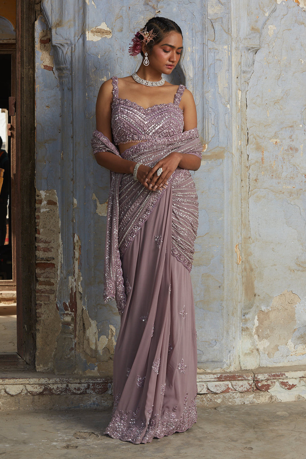 Lavender Georgette Drape Saree