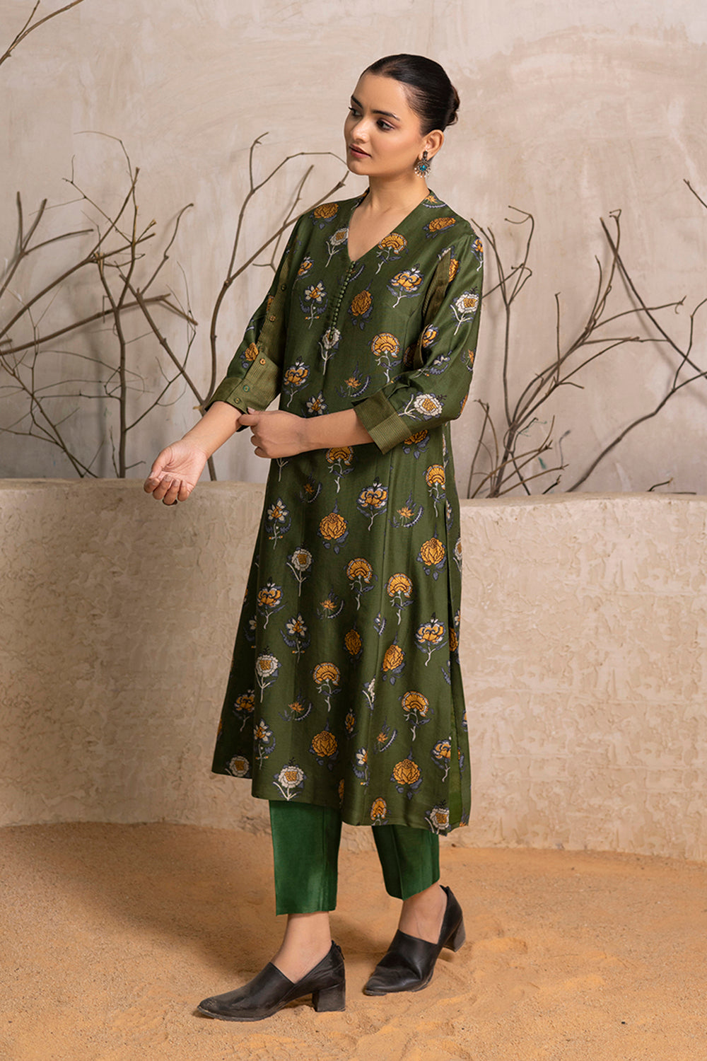 Leaf Green Silk Chanderi Printed Tunic