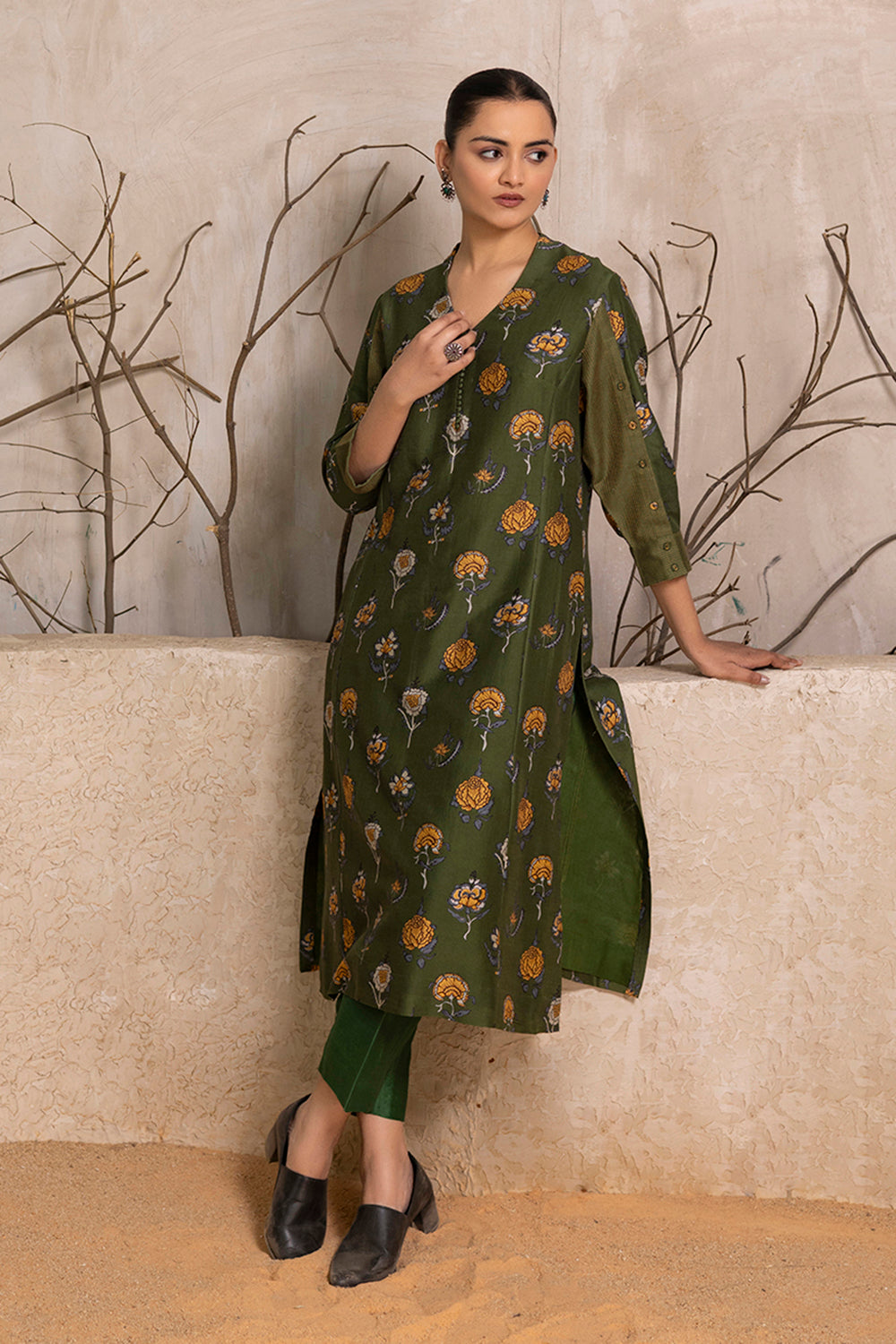 Leaf Green Silk Chanderi Printed Tunic