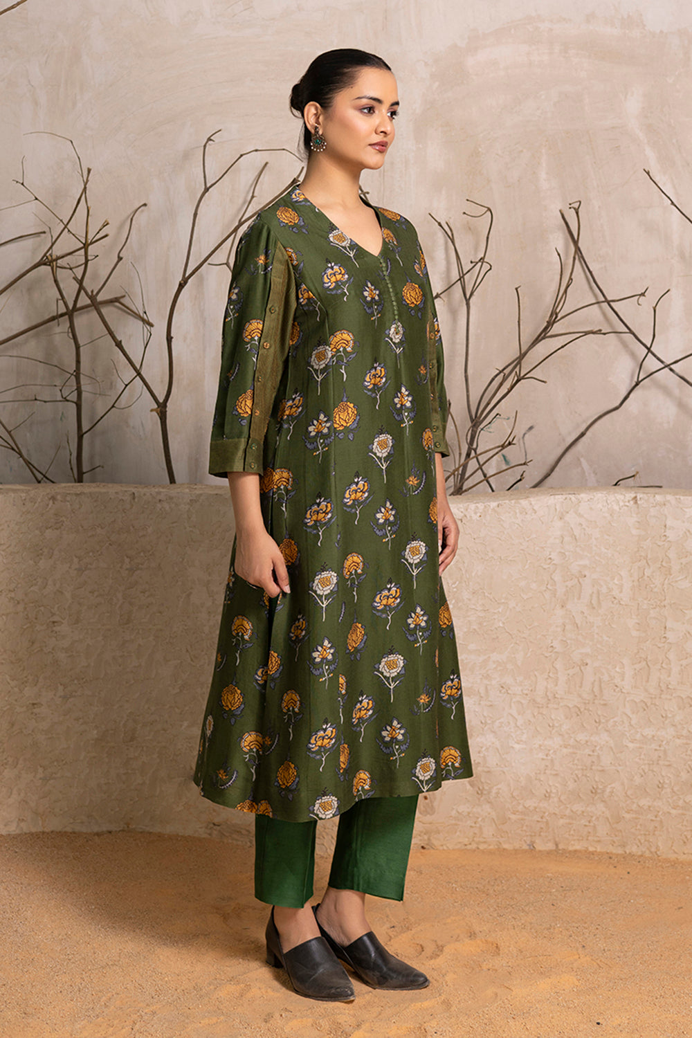 Leaf Green Silk Chanderi Printed Tunic