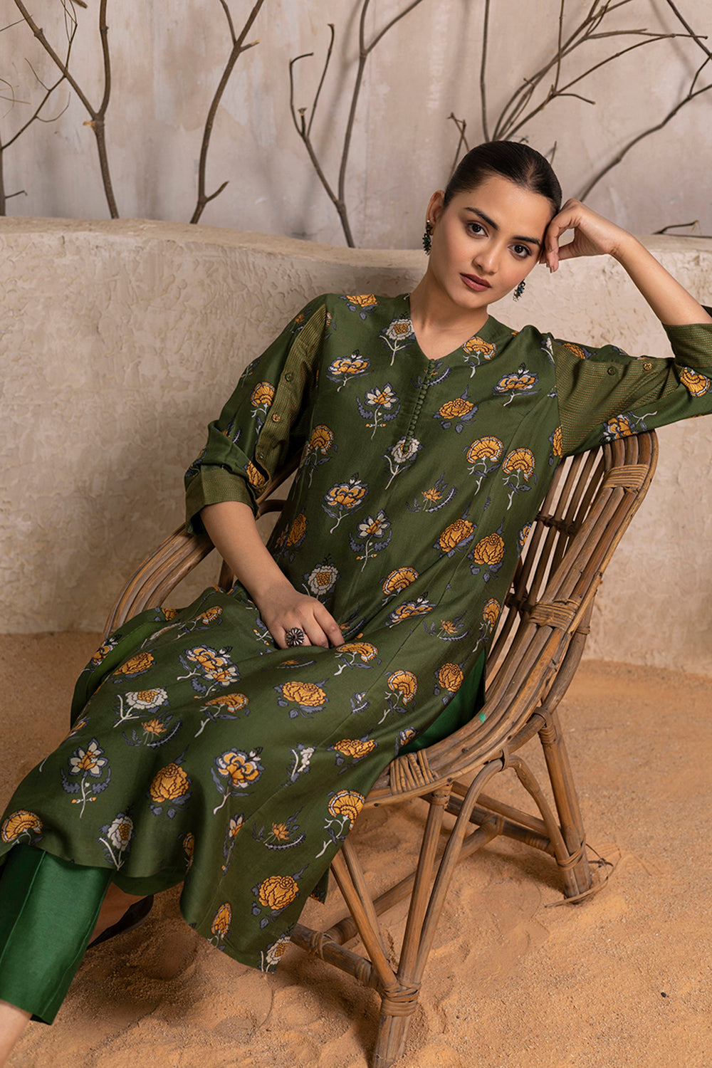 Leaf Green Silk Chanderi Printed Tunic