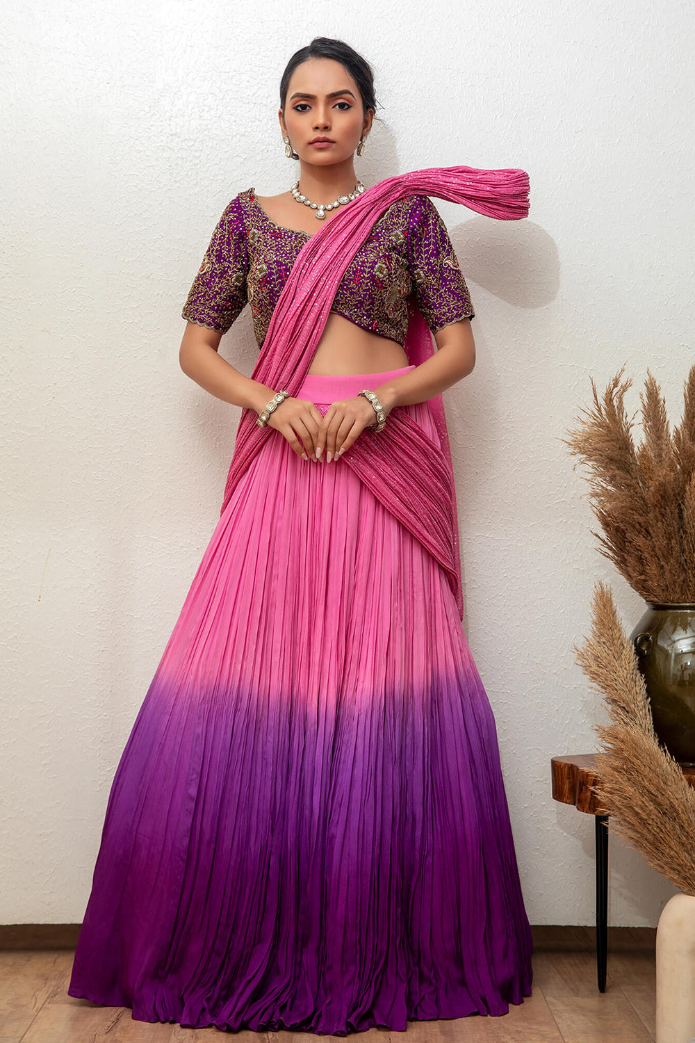 Lehnga With Attached Dupatta And Hand Embroidered Blouse