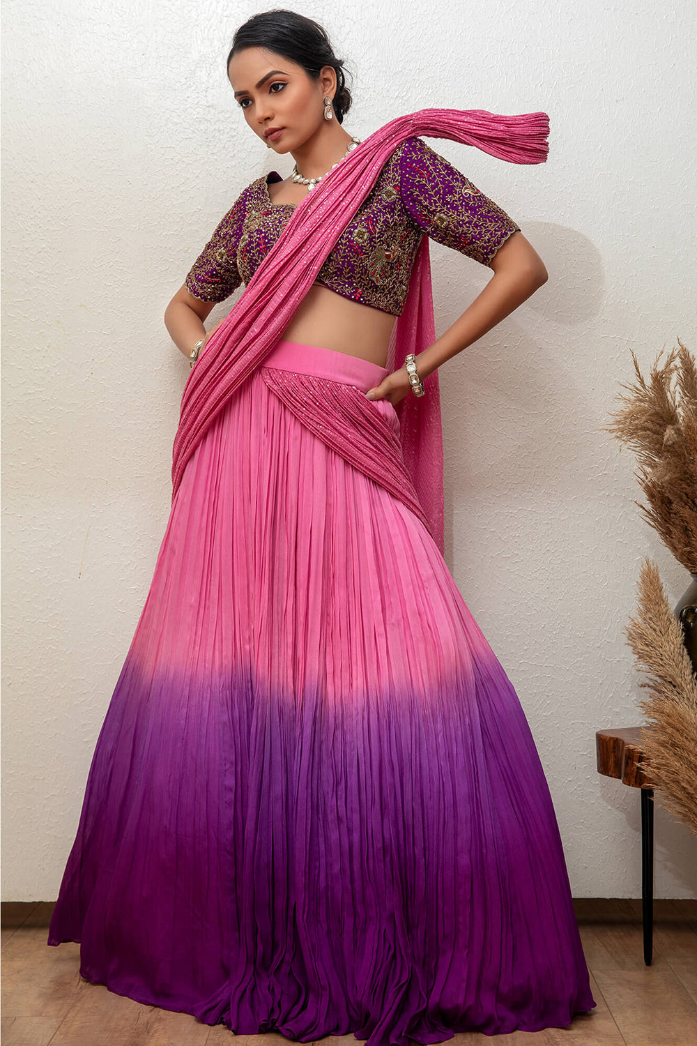 Lehnga With Attached Dupatta And Hand Embroidered Blouse