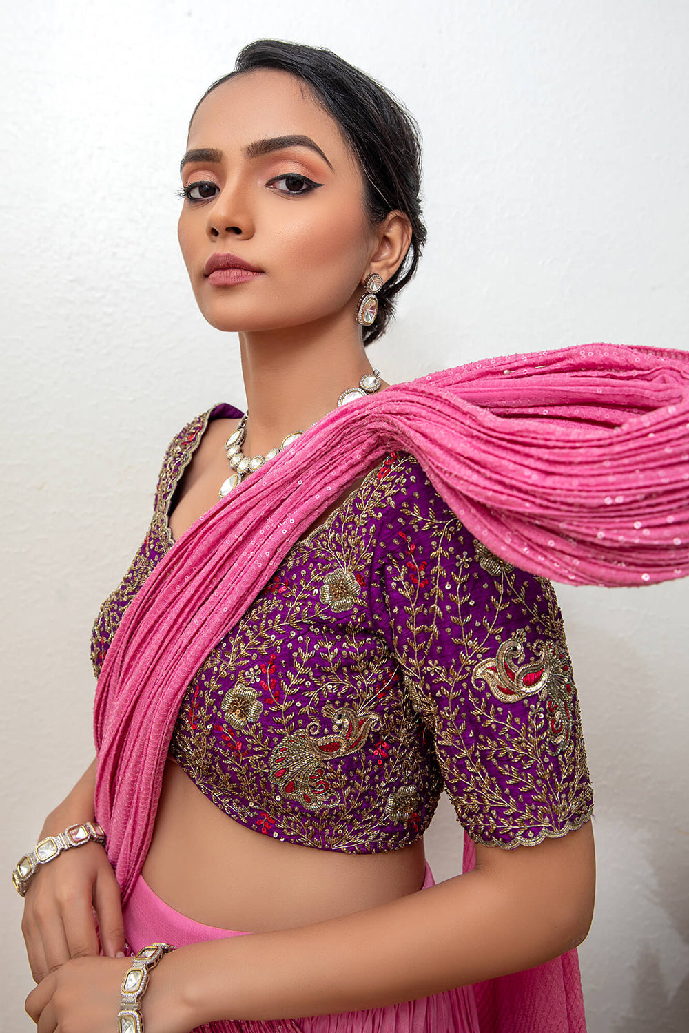 Lehnga With Attached Dupatta And Hand Embroidered Blouse