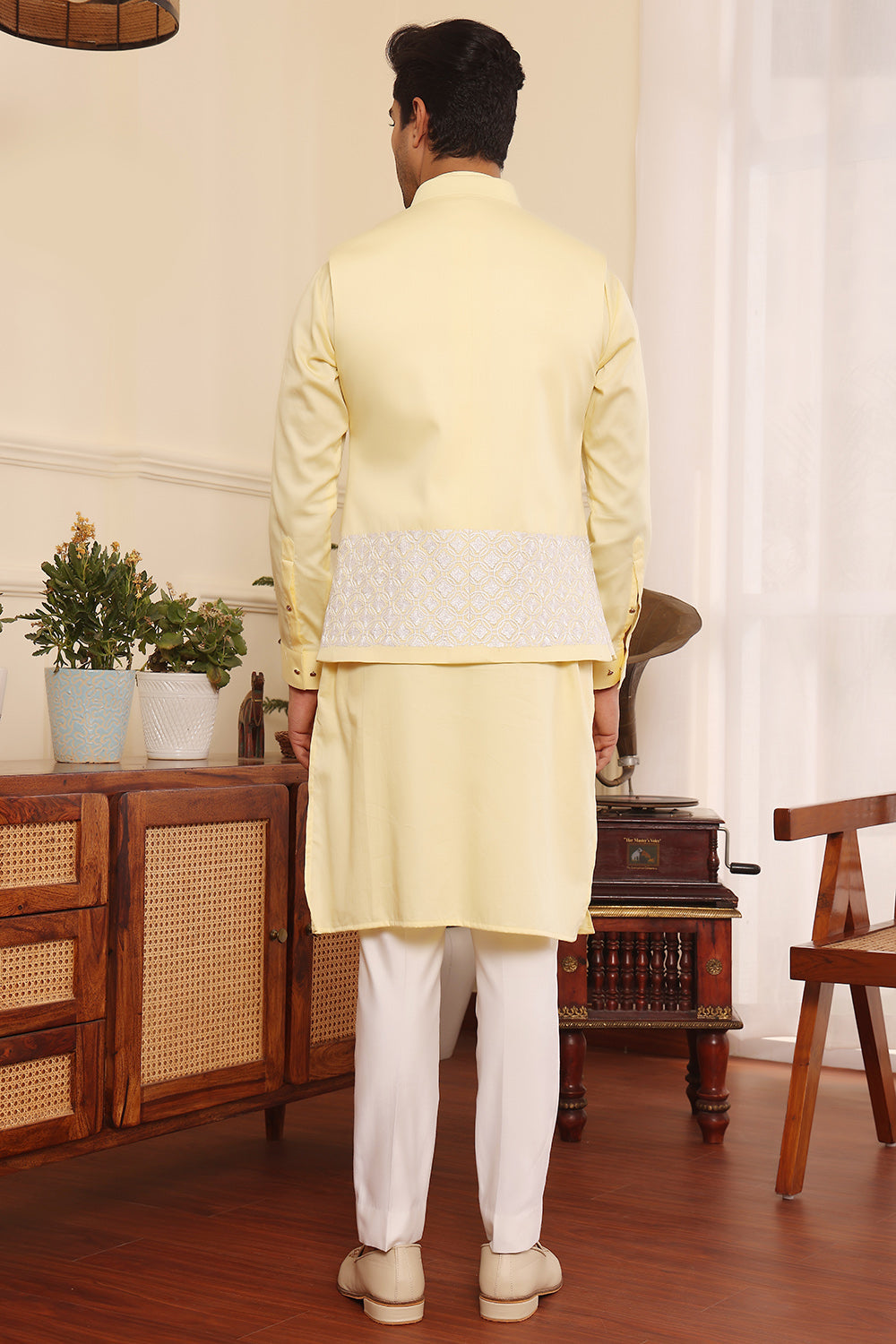 Lemon Kurta pants with embroidered Nehru Jacket
