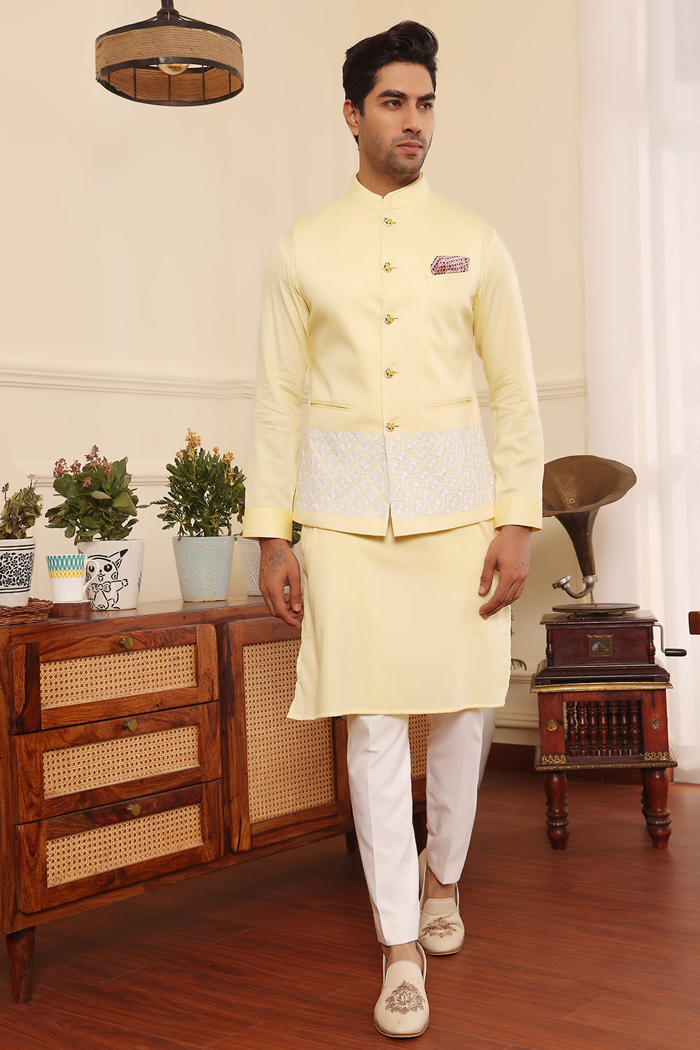 Lemon Kurta pants with embroidered Nehru Jacket