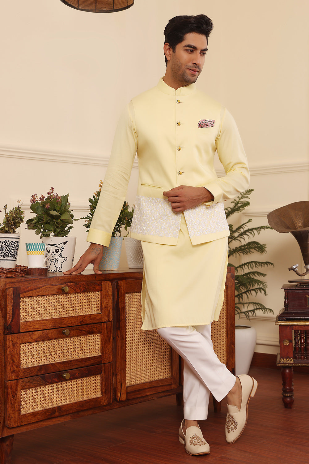 Lemon Kurta pants with embroidered Nehru Jacket