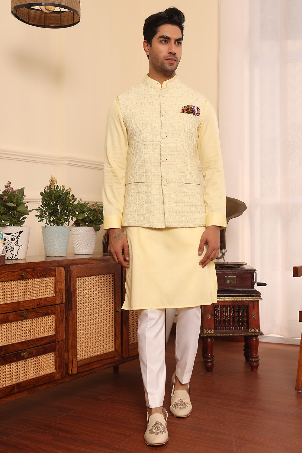 Lemon Kurta pants with sequence embroidered Nehru Jacket