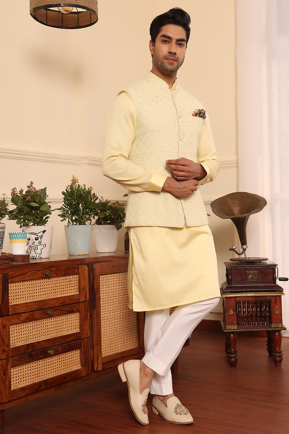 Lemon Kurta pants with sequence embroidered Nehru Jacket