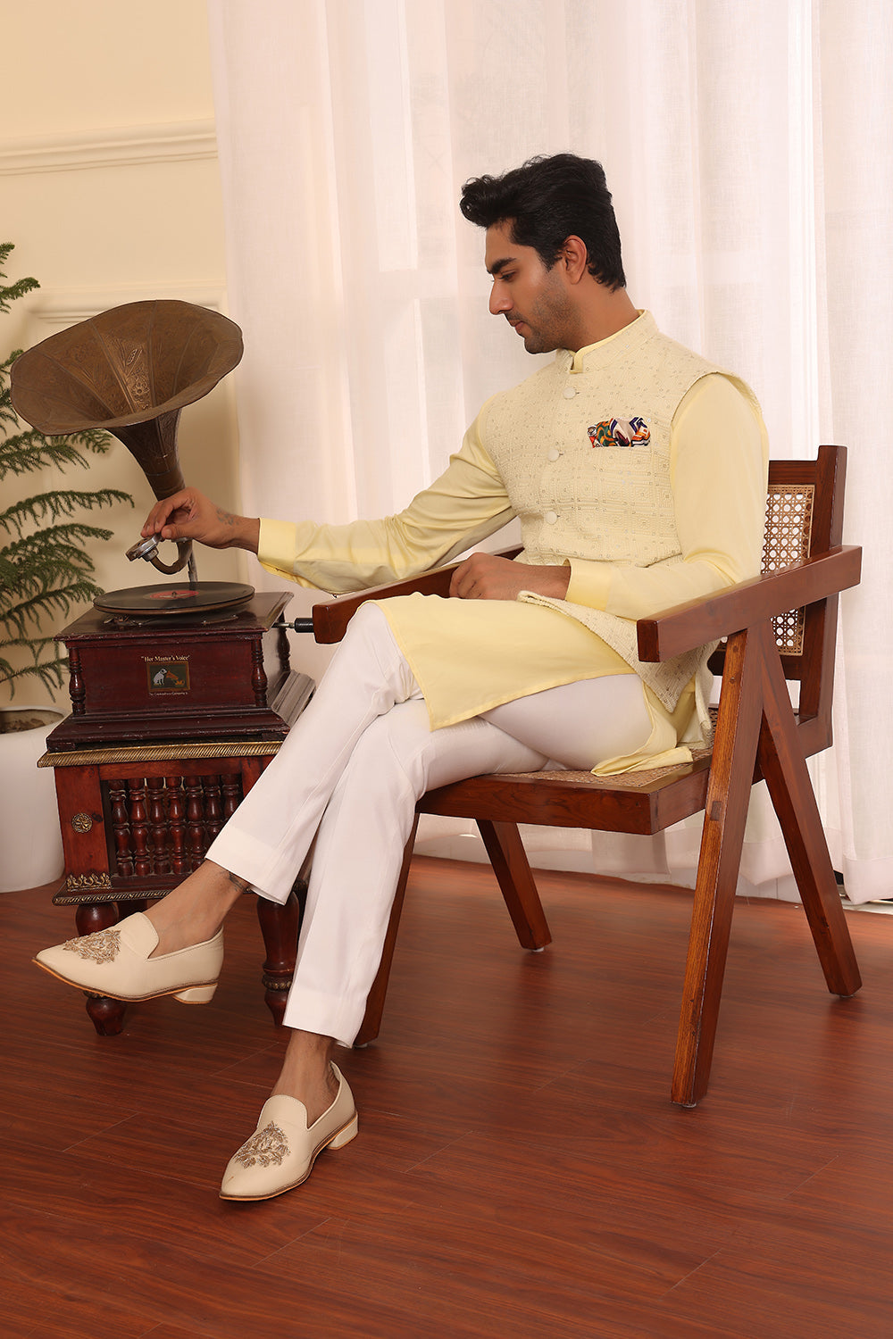 Lemon Kurta pants with sequence embroidered Nehru Jacket