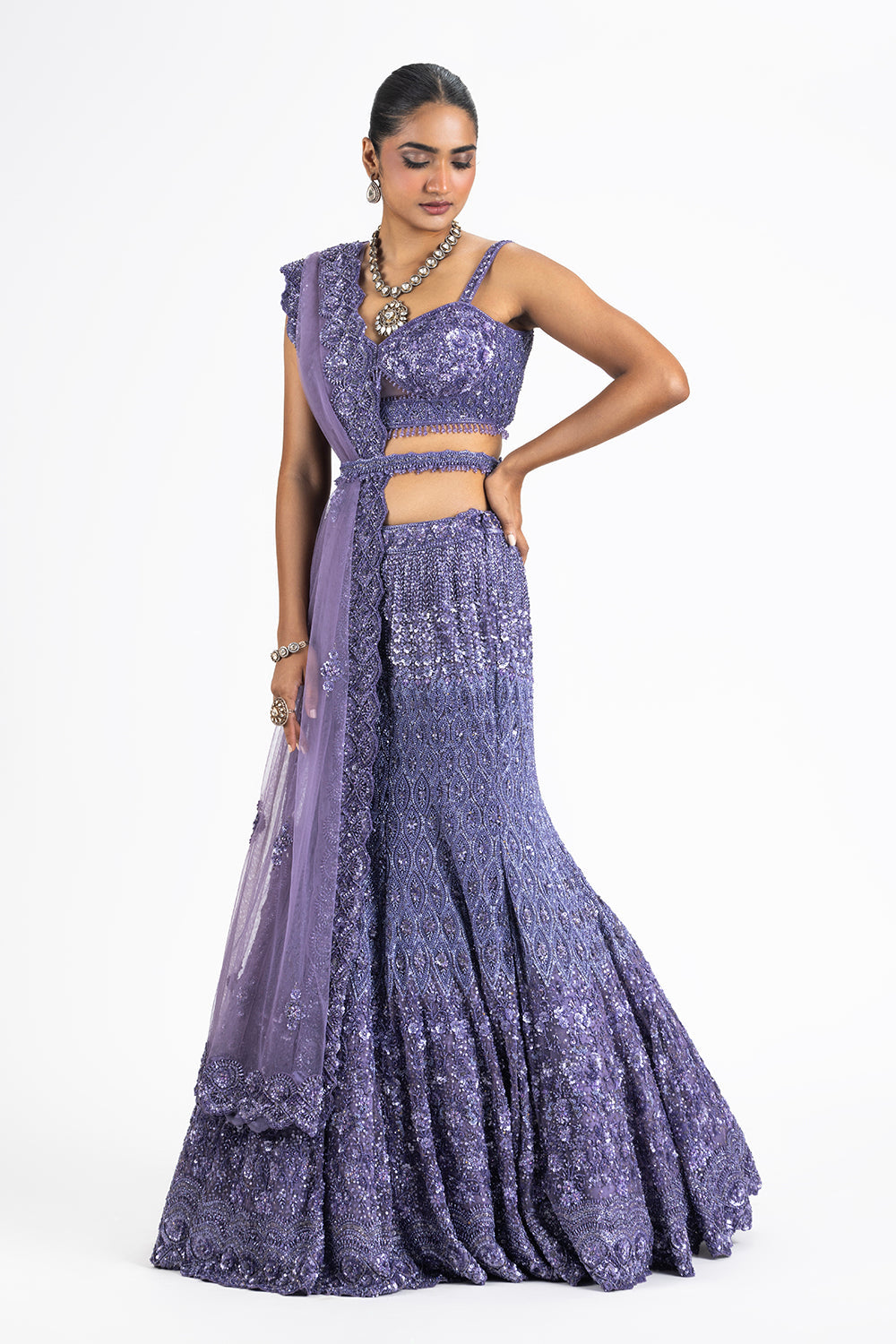 Lilac Fishtailed Skirt Blouse And Dupatta
