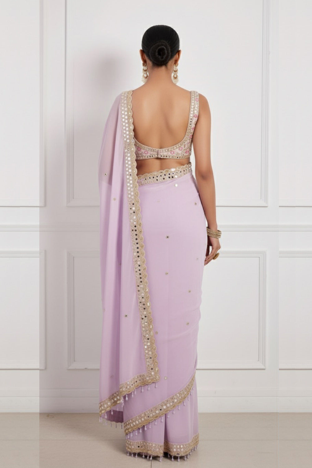 Lilac Hand Embroidered Saree Set