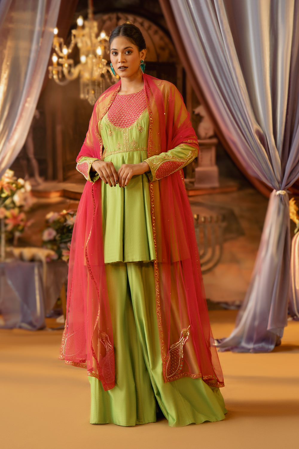 Lime Green And Magenta Peplum With Sharara