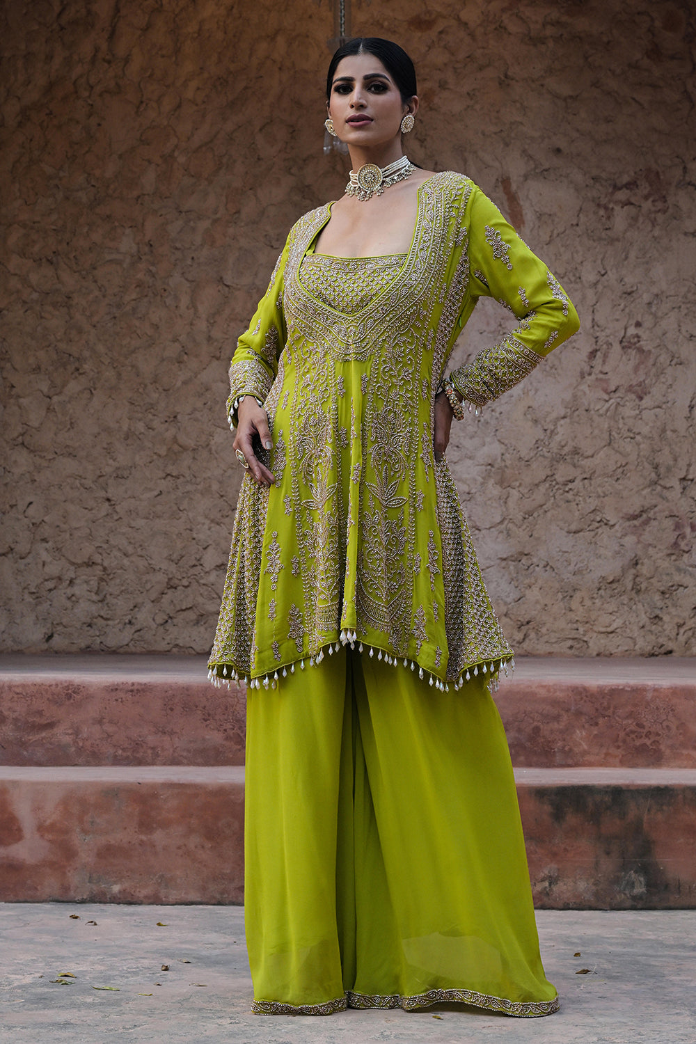 Lime Green Georgette Beads Embroidered Kurta Palazzo Set