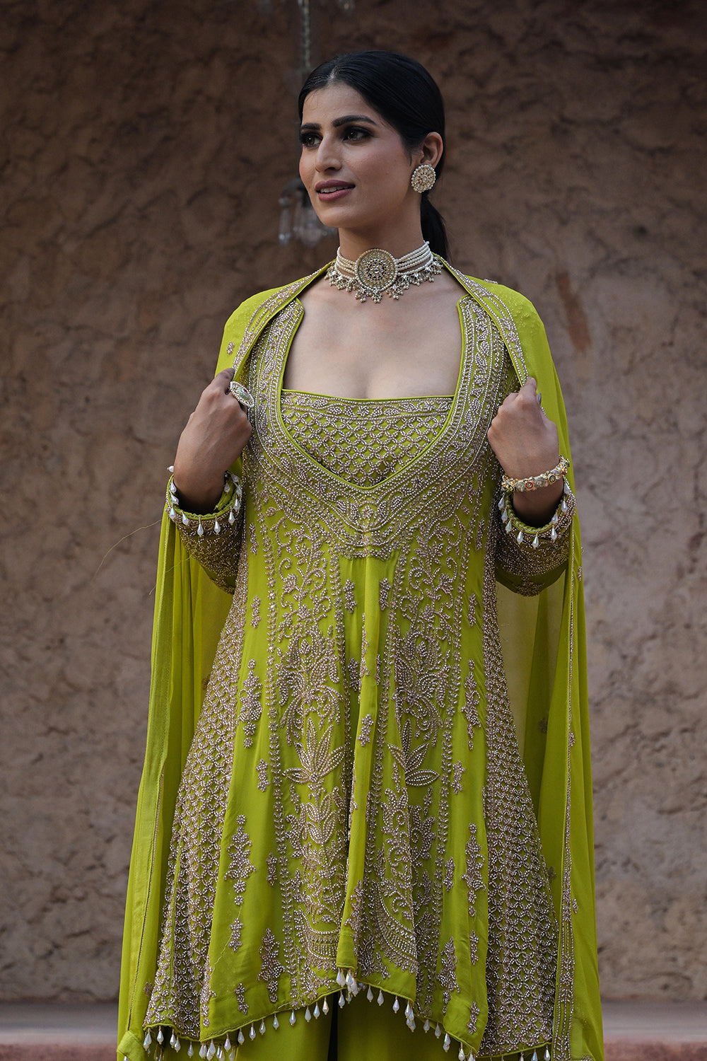 Lime Green Georgette Beads Embroidered Kurta Palazzo Set