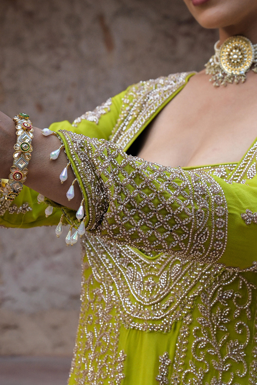 Lime Green Georgette Beads Embroidered Kurta Palazzo Set