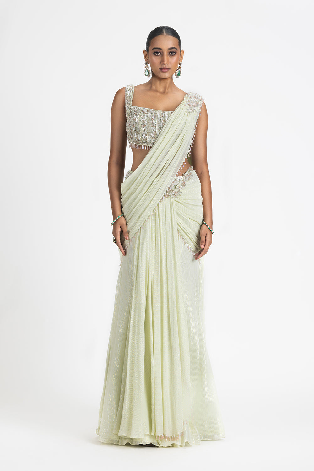 Lime Green Lurex Georgette Pre-Draped Saree