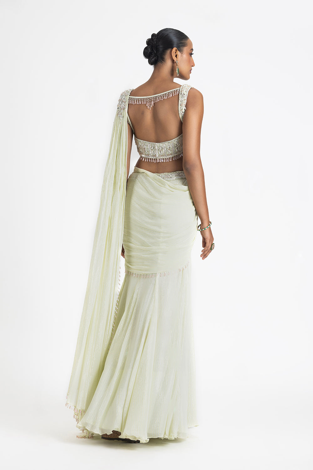 Lime Green Lurex Georgette Pre-Draped Saree