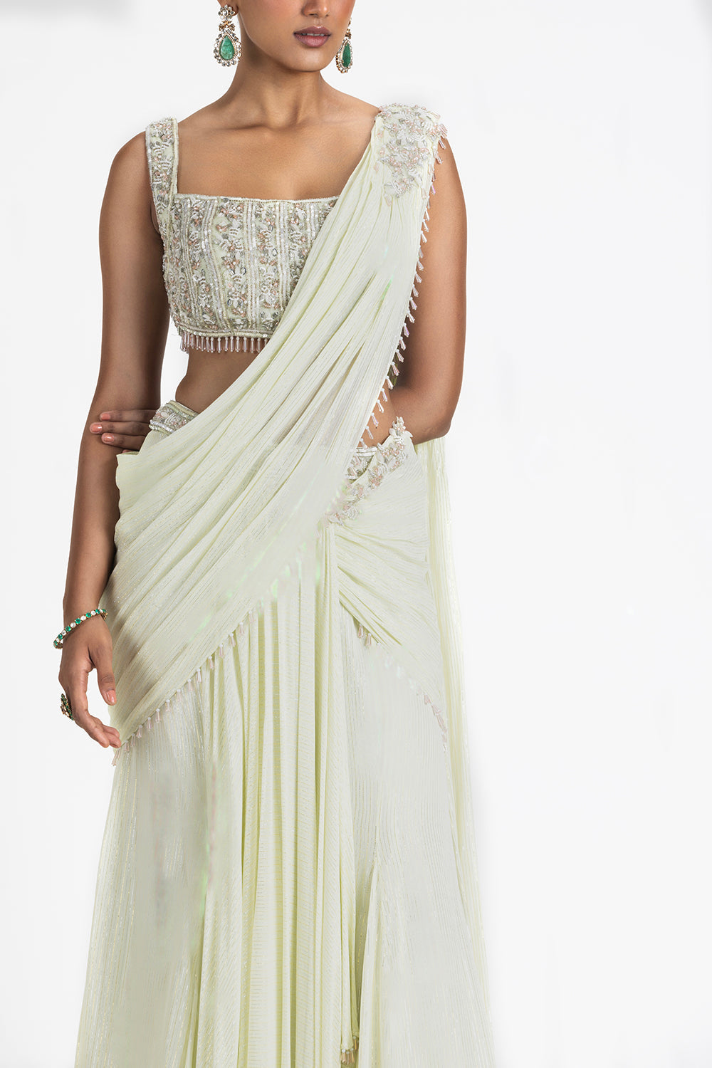 Lime Green Lurex Georgette Pre-Draped Saree